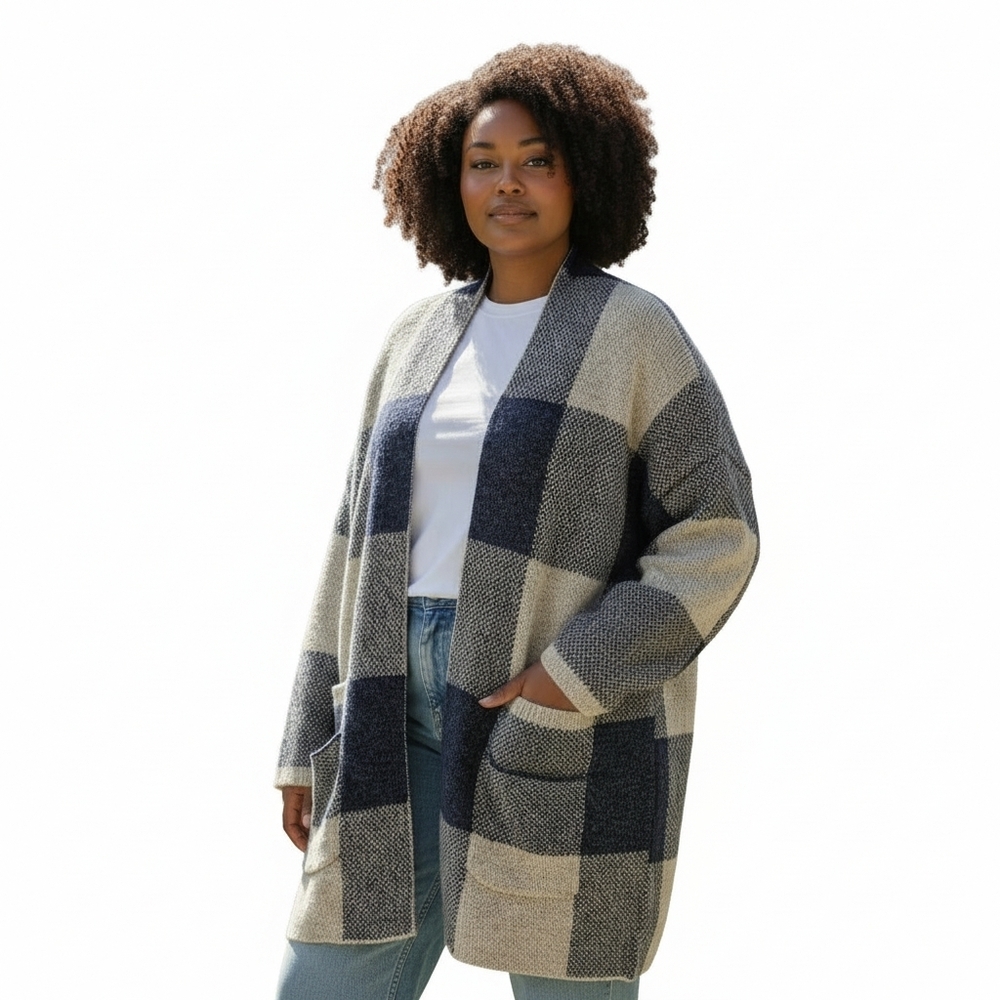 Like New Plaid Open-Front Sweater Cardigan, Navy & Oatmeal, Size 2x/3x